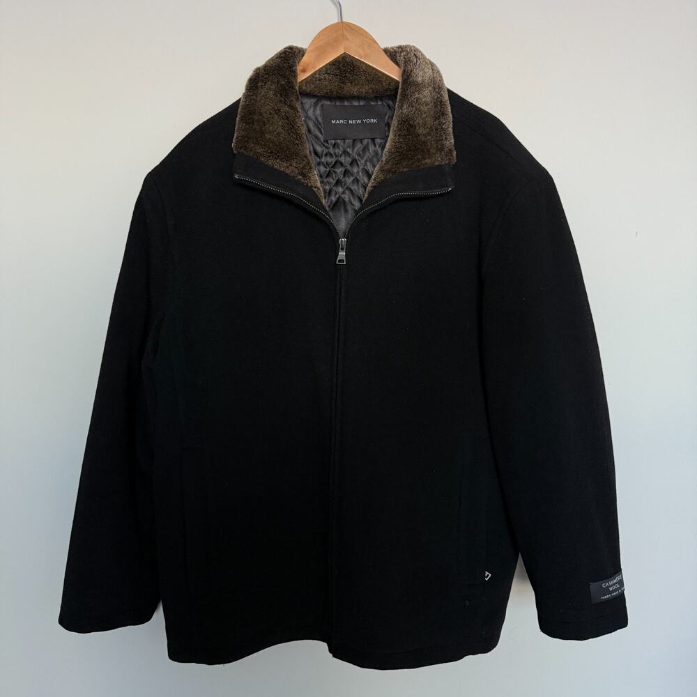 MARC New York Mens Coat XL Black Wool Cashmere Made in Italy Faux Fur Collar - Picture 2 of 11